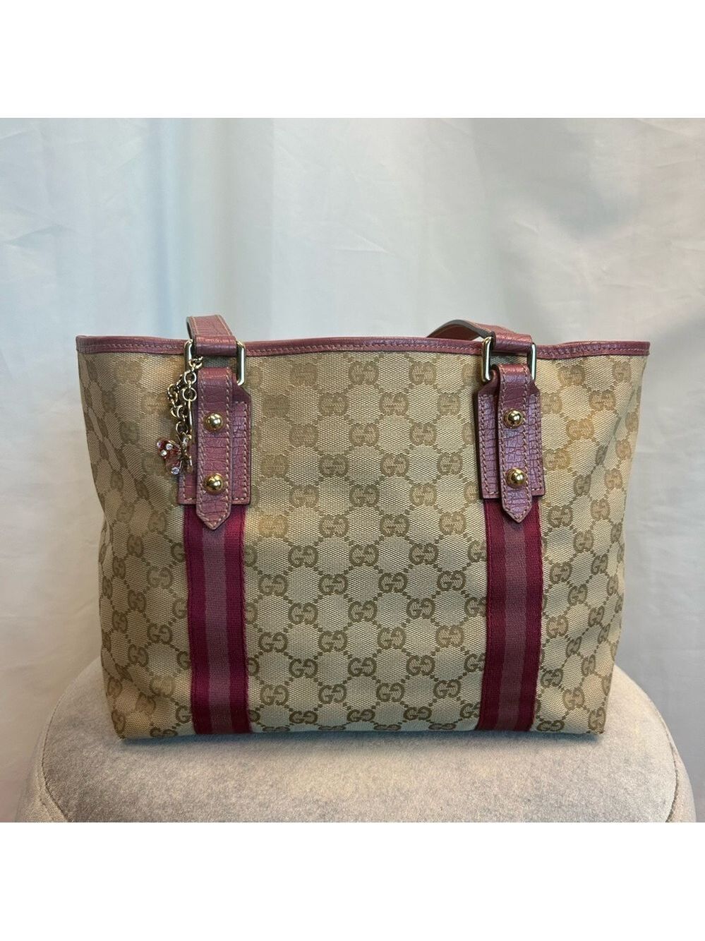 Gucci Authentic Pink Tan brown monogram GG Canvas Jolicoeur tote bag purse - Picture 3 of 17